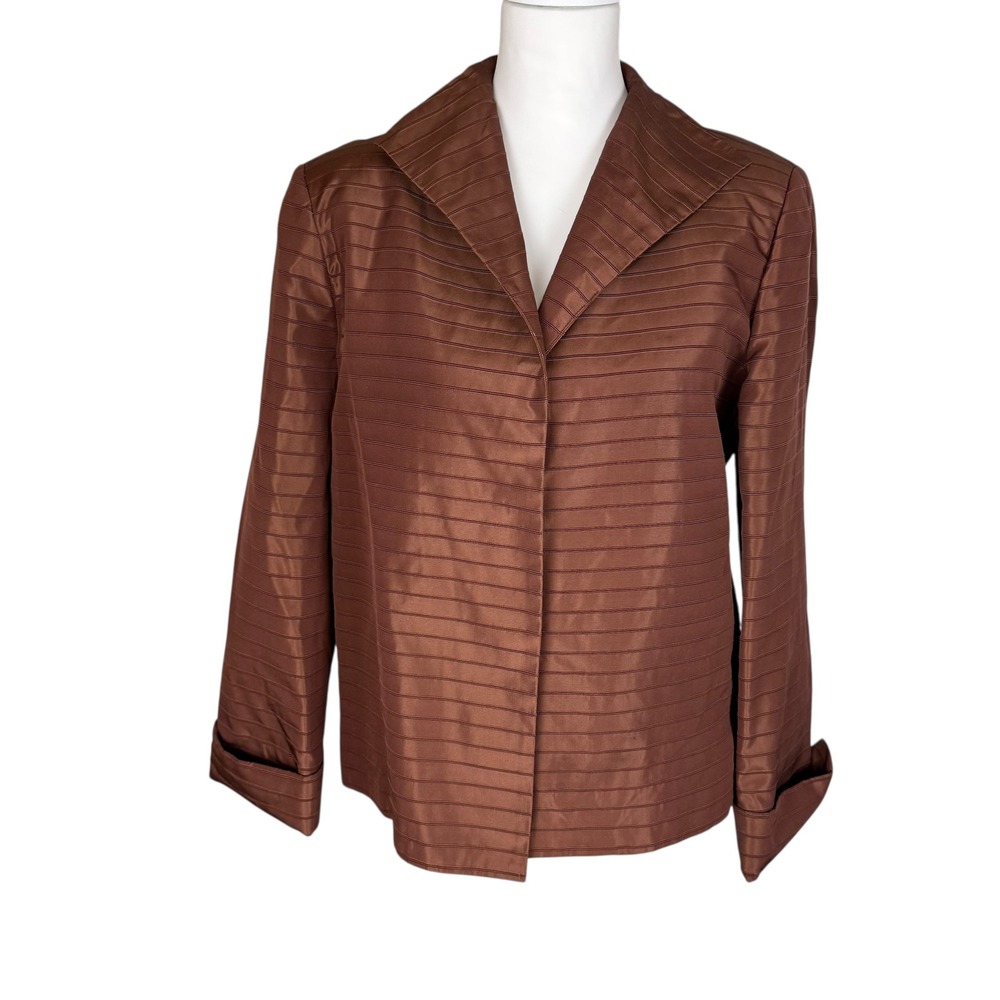 NINA McleMORE Brown Silk Textured Collarless Blazer Jacket Womens Size‎ 10